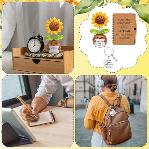 6 Set Employee Appreciation Gifts Bulk Housekeeping Week Gifts, Positive Doll Crochet with Card Inspirational Journals with Retractable Bamboo Pens Thank You Keychains for Staff(Sunflower) in Saudi Arabia