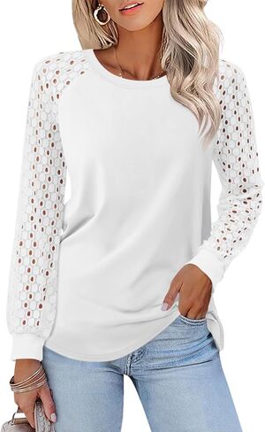 Minetom Womens Lace Tops Long Sleeve Shirts Casual Dressy Blouses Trendy Fall Fashion Outfits Clothes in Kuwait