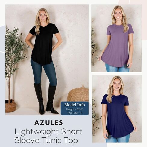 تونيك علوي بأكمام قصيرة من Azules للنساء - قمصان برقبة واسعة للسيدات وقمصان أنيقة متدفقة للسراويل الضيقة in Kuwait
