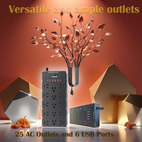 20 Amp 12 Gauge Heavy Duty Power Strip 2500W,4000 Joules Surge Protector,High Power Capacity,Flat Plug (Not T-Slot),25 AC,6 USB Ports,6.5Ft Cord,Workshop Garage Office Household,Covered by Insurance. in Kuwait