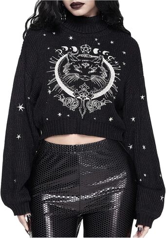 Women's Gothic Grunge Sweater Cat Graphic High Neck Long Sleeve Crop Sweater Pullover Knitwear in Saudi Arabia