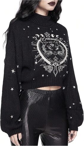 Women's Gothic Grunge Sweater Cat Graphic High Neck Long Sleeve Crop Sweater Pullover Knitwear in Saudi Arabia