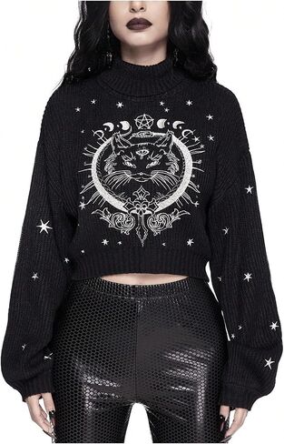 Women's Gothic Grunge Sweater Cat Graphic High Neck Long Sleeve Crop Sweater Pullover Knitwear in Saudi Arabia