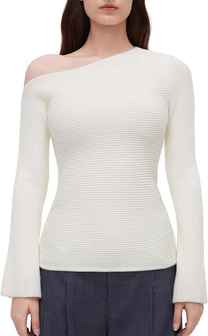 OMKAGI Off The Shoulder Fall Sweaters for Women Trendy Slim Fit Ribbed Knit Long Sleeve Top in Saudi Arabia