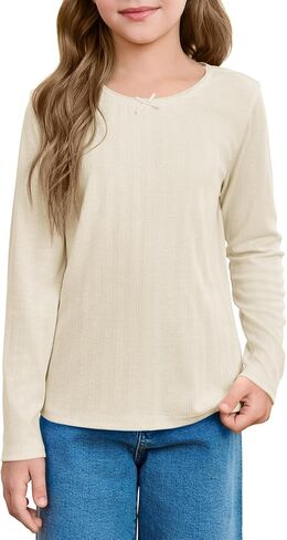Haloumoning Girls Long Sleeve Shirts Kids Crewneck Tops Cute Mesh Blouse Tee 5-14 Years in Saudi Arabia