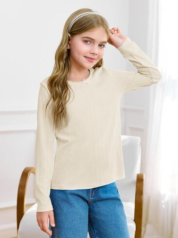 Haloumoning Girls Long Sleeve Shirts Kids Crewneck Tops Cute Mesh Blouse Tee 5-14 Years in Saudi Arabia