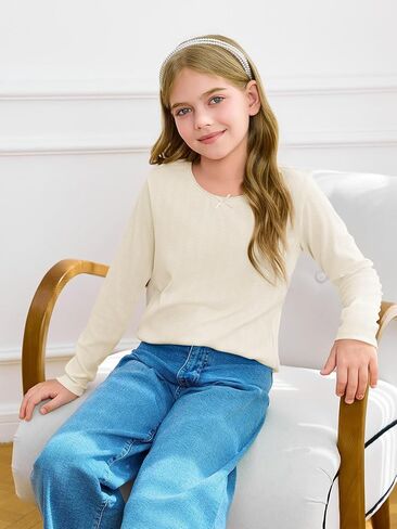 Haloumoning Girls Long Sleeve Shirts Kids Crewneck Tops Cute Mesh Blouse Tee 5-14 Years in Saudi Arabia