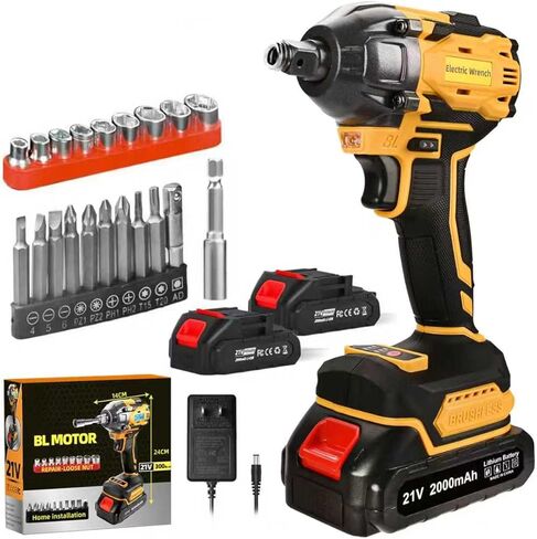 300N.m Cordless Impact Wrench, 21V Torque Power Impact Driver, 1/2" Brushless Impact Gun with 2*2.0Ah Batteries with 19 Accessories, Electric Impact Motor Variable Speeds for home installation (Blue) in Kuwait