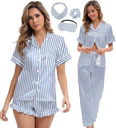 Silk Pajamas for Women 3 Piece Short Sleeve Satin Pajama Set with Pants Ruffle Cute Pj Sets Button Down Sleepwear in Kuwait
