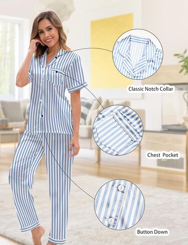 Silk Pajamas for Women 3 Piece Short Sleeve Satin Pajama Set with Pants Ruffle Cute Pj Sets Button Down Sleepwear in Kuwait