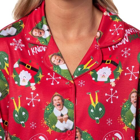 INTIMO Elf The Movie Women's Santa's Coming! Christmas Tossed Sleep Collared Button Down Long-Sleeve Pajama Set in Saudi Arabia