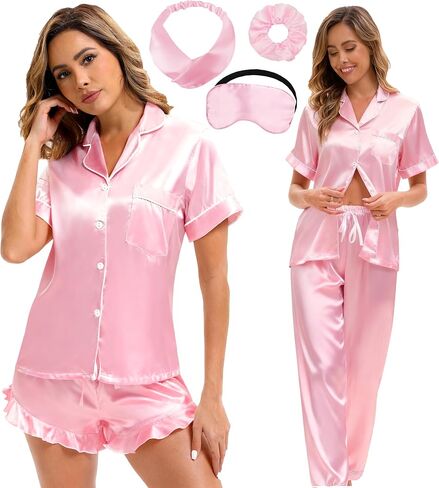 Silk Pajamas for Women 3 Piece Short Sleeve Satin Pajama Set with Pants Ruffle Cute Pj Sets Button Down Sleepwear in Kuwait