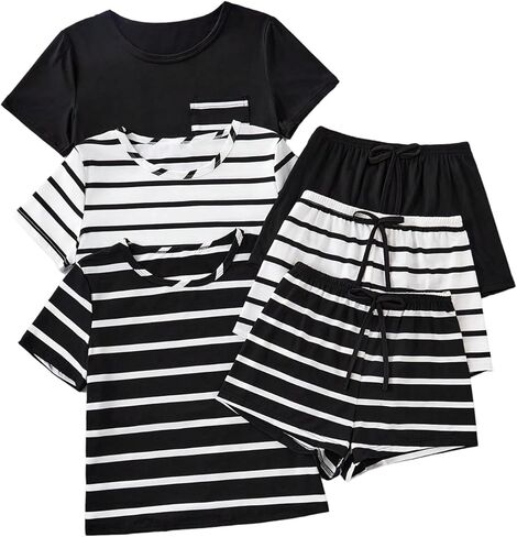 OYOANGLE Women's 3 Pack Lounge Set Striped Short Sleeve Top and Shorts Pajama Sets Sleepwear Loungewear in Saudi Arabia