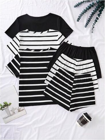 OYOANGLE Women's 3 Pack Lounge Set Striped Short Sleeve Top and Shorts Pajama Sets Sleepwear Loungewear in Saudi Arabia