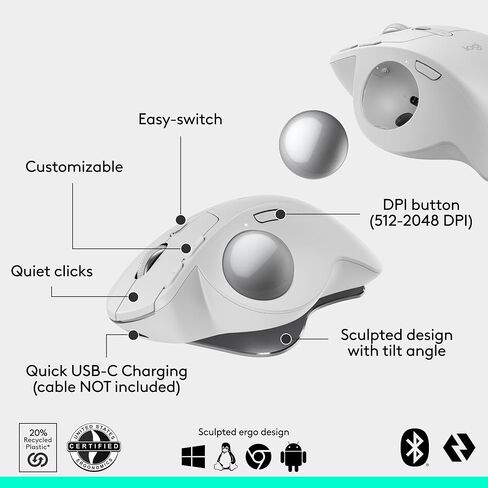 Logitech MX Ergo S Advanced Wireless Trackball Mouse, USB-C Rechargeable Wireless Ergonomic Mouse with Bluetooth and Encrypted Dongle, 6 Programmable Buttons, for PC/Mac - Graphite in Kuwait