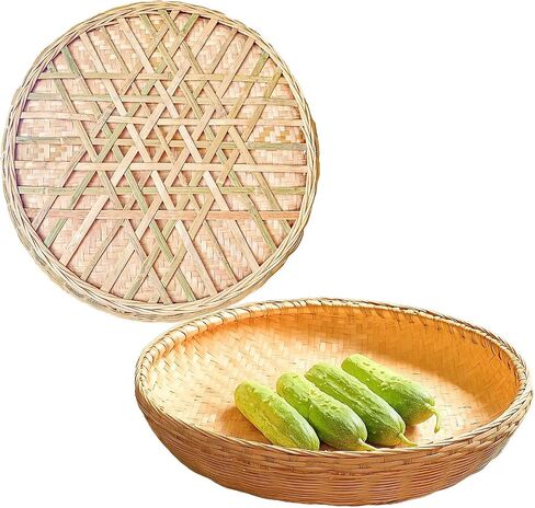 Bamboo Tray，Food Flatware trays，Bamboo and Rattan Fruit and Vegetable Basket with Flat Bottom,For Table, Kitchen,Outdoor Gathering and Dining Room Service or Decoration 2 Piece Set 餐厅服务托盘 in Saudi Arabia