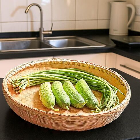Bamboo Tray，Food Flatware trays，Bamboo and Rattan Fruit and Vegetable Basket with Flat Bottom,For Table, Kitchen,Outdoor Gathering and Dining Room Service or Decoration 2 Piece Set 餐厅服务托盘 in Saudi Arabia