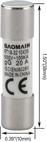 Baomain Cylindrical Fuse Holder RT18-32(X) 10mm X 38mm Fuse Base 3 Poles DIN Rail Mount With 10 PCS of RO15 Fuse (32 Amp) CE&UR Listed in Saudi Arabia