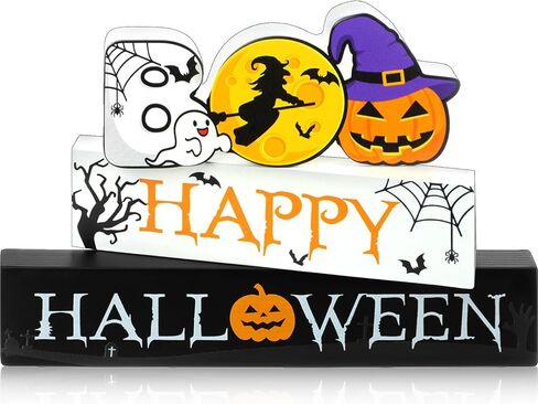 3 Pieces Wooden Happy Halloween Sign Centerpiece Pumpkin Ghost Eyeball Table Top Decor Spooky Rustic Halloween Home Decor Freestanding Boo Tier Tray Decor Rustic Wood Block Plaque for Home Fireplace in Kuwait