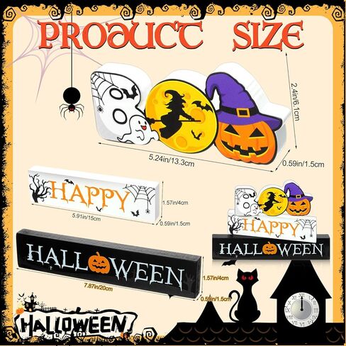 3 Pieces Wooden Happy Halloween Sign Centerpiece Pumpkin Ghost Eyeball Table Top Decor Spooky Rustic Halloween Home Decor Freestanding Boo Tier Tray Decor Rustic Wood Block Plaque for Home Fireplace in Kuwait