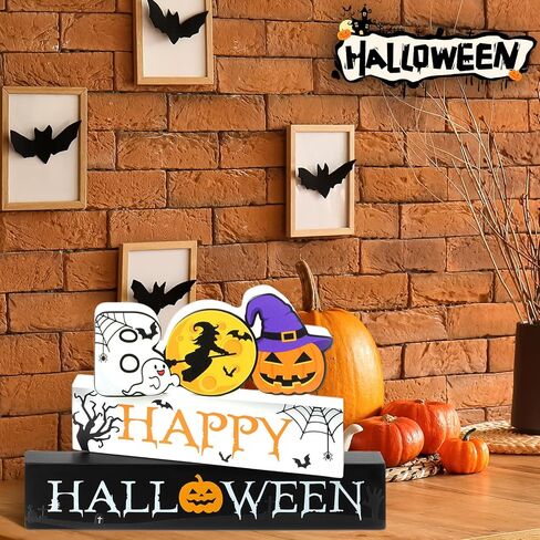 3 Pieces Wooden Happy Halloween Sign Centerpiece Pumpkin Ghost Eyeball Table Top Decor Spooky Rustic Halloween Home Decor Freestanding Boo Tier Tray Decor Rustic Wood Block Plaque for Home Fireplace in Kuwait