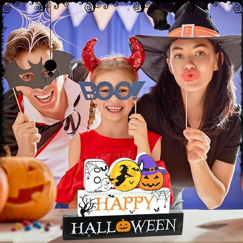 3 Pieces Wooden Happy Halloween Sign Centerpiece Pumpkin Ghost Eyeball Table Top Decor Spooky Rustic Halloween Home Decor Freestanding Boo Tier Tray Decor Rustic Wood Block Plaque for Home Fireplace in Kuwait
