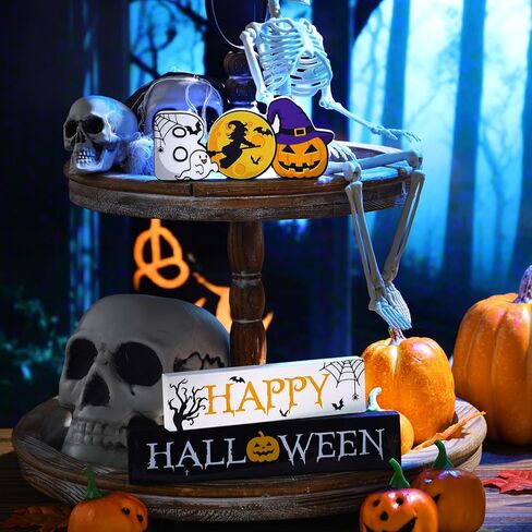 3 Pieces Wooden Happy Halloween Sign Centerpiece Pumpkin Ghost Eyeball Table Top Decor Spooky Rustic Halloween Home Decor Freestanding Boo Tier Tray Decor Rustic Wood Block Plaque for Home Fireplace in Kuwait