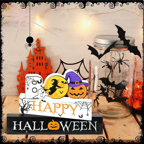 3 Pieces Wooden Happy Halloween Sign Centerpiece Pumpkin Ghost Eyeball Table Top Decor Spooky Rustic Halloween Home Decor Freestanding Boo Tier Tray Decor Rustic Wood Block Plaque for Home Fireplace in Kuwait