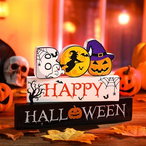 3 Pieces Wooden Happy Halloween Sign Centerpiece Pumpkin Ghost Eyeball Table Top Decor Spooky Rustic Halloween Home Decor Freestanding Boo Tier Tray Decor Rustic Wood Block Plaque for Home Fireplace in Kuwait