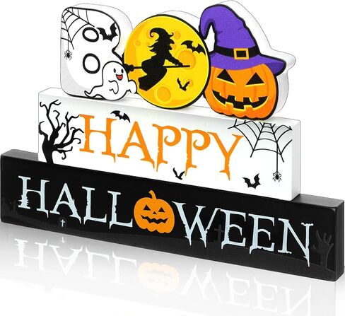 3 Pieces Wooden Happy Halloween Sign Centerpiece Pumpkin Ghost Eyeball Table Top Decor Spooky Rustic Halloween Home Decor Freestanding Boo Tier Tray Decor Rustic Wood Block Plaque for Home Fireplace in Kuwait