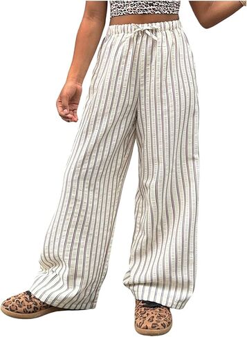 سراويل Floerns للفتيات مخططة برباط عالي الخصر وطويلة بأرجل مستقيمة للشاطئ in Kuwait