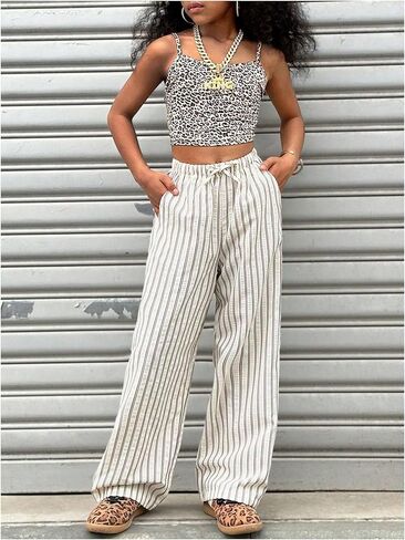 سراويل Floerns للفتيات مخططة برباط عالي الخصر وطويلة بأرجل مستقيمة للشاطئ in Kuwait