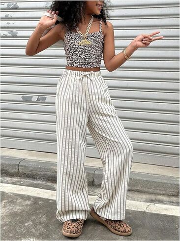 سراويل Floerns للفتيات مخططة برباط عالي الخصر وطويلة بأرجل مستقيمة للشاطئ in Kuwait