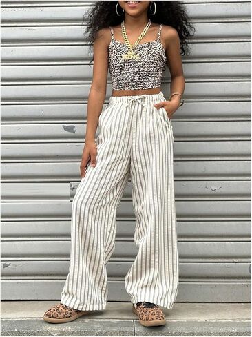 سراويل Floerns للفتيات مخططة برباط عالي الخصر وطويلة بأرجل مستقيمة للشاطئ in Kuwait