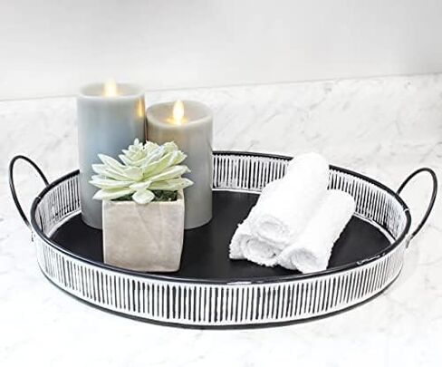 AuldHome Design Decorative Boho Serving Tray; Distressed White Over Black Metal Tray in Saudi Arabia