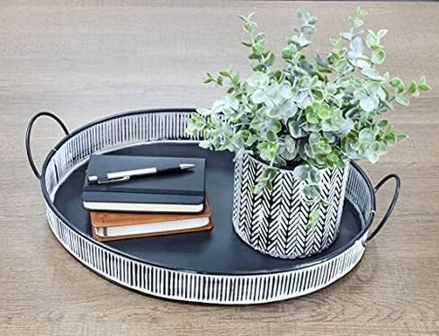 AuldHome Design Decorative Boho Serving Tray; Distressed White Over Black Metal Tray in Saudi Arabia