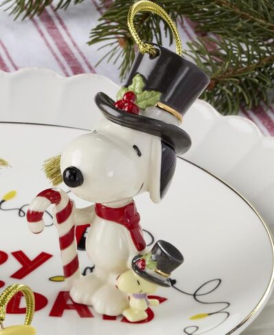 Lenox Ornaments, Snoopy & Woodstock with Candy Cane Ornament, Porcelain Material, Gold Cord for Tree Decoration, Christmas Decorations, Christmas Ornaments, Snoopy Design, Winter Decor (1 Piece) in Saudi Arabia