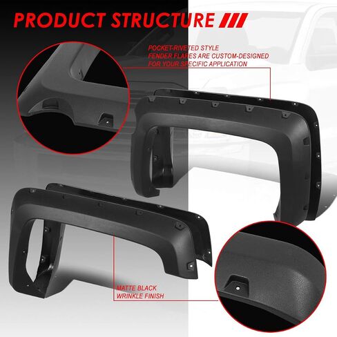 Auto Dynasty Wheel Fender Flares Cover Kit 4Pcs Pocket-Riveted Style Paintable Compatible with Chevy Silverado 1500 5.8Ft Fleetside Short Bed 2014-2018, Front and Rear, Smooth Textured Black in Saudi Arabia