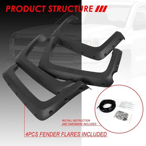 Auto Dynasty Wheel Fender Flares Cover Kit 4Pcs Pocket-Riveted Style Paintable Compatible with Chevy Silverado 1500 5.8Ft Fleetside Short Bed 2014-2018, Front and Rear, Smooth Textured Black in Saudi Arabia