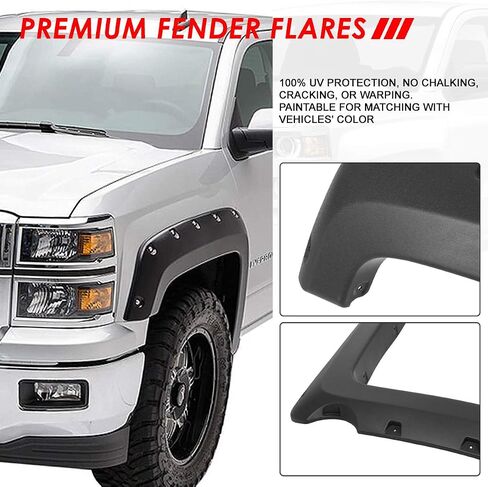 Auto Dynasty Wheel Fender Flares Cover Kit 4Pcs Pocket-Riveted Style Paintable Compatible with Chevy Silverado 1500 5.8Ft Fleetside Short Bed 2014-2018, Front and Rear, Smooth Textured Black in Saudi Arabia