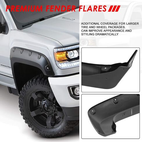 Auto Dynasty Wheel Fender Flares Cover Kit 4Pcs Pocket-Riveted Style Paintable Compatible with Chevy Silverado 1500 5.8Ft Fleetside Short Bed 2014-2018, Front and Rear, Smooth Textured Black in Saudi Arabia