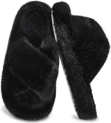 Women's Fuzzy Slippers Open Toe House Slippers Memery Foam Bedroom Slippers Cross Band Slippers for Indoor and Outdoor in Kuwait