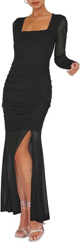 Hocuos المرأة 2025 خريف كم طويل رقبة مربعة شبكة Ruched Bodycon ماكسي فساتين سبليت كوكتيل الزفاف ضيف فستان طويل in Kuwait