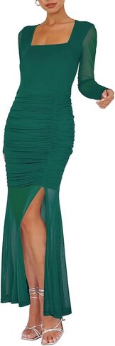 Hocuos المرأة 2025 خريف كم طويل رقبة مربعة شبكة Ruched Bodycon ماكسي فساتين سبليت كوكتيل الزفاف ضيف فستان طويل in Kuwait