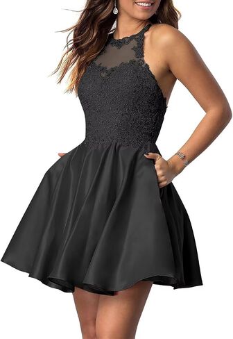 Tvuyet Lace-Applique Short Homecoming Dresses for Women with Pockets Satin Beaded Prom Cocktail Dress for Teens in Saudi Arabia