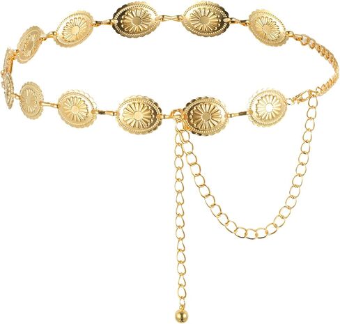 الحزام الغربي للنساء، سلسلة حزام كونتشوس الذهبية مجوفة من ديزي بوهو راعية البقر وأحزمة سلسلة الخصر قابلة للتعديل وصلة معدنية للنساء فساتين الجينز (47.24 بوصة) in Kuwait