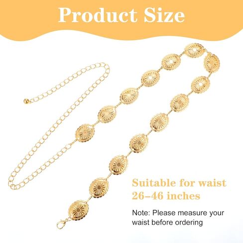 الحزام الغربي للنساء، سلسلة حزام كونتشوس الذهبية مجوفة من ديزي بوهو راعية البقر وأحزمة سلسلة الخصر قابلة للتعديل وصلة معدنية للنساء فساتين الجينز (47.24 بوصة) in Kuwait