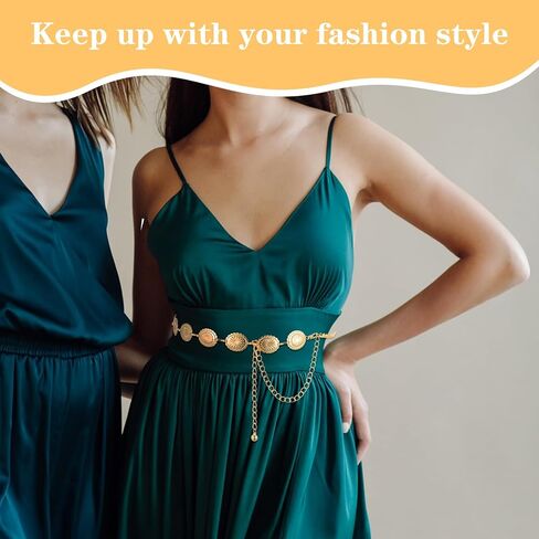 الحزام الغربي للنساء، سلسلة حزام كونتشوس الذهبية مجوفة من ديزي بوهو راعية البقر وأحزمة سلسلة الخصر قابلة للتعديل وصلة معدنية للنساء فساتين الجينز (47.24 بوصة) in Kuwait