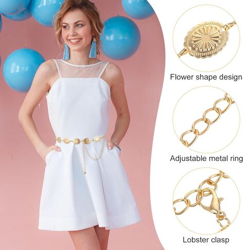 الحزام الغربي للنساء، سلسلة حزام كونتشوس الذهبية مجوفة من ديزي بوهو راعية البقر وأحزمة سلسلة الخصر قابلة للتعديل وصلة معدنية للنساء فساتين الجينز (47.24 بوصة) in Kuwait