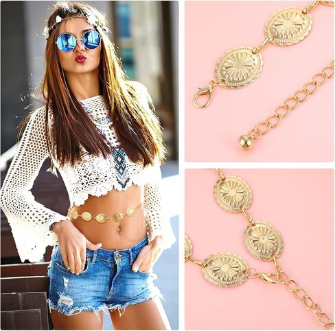 الحزام الغربي للنساء، سلسلة حزام كونتشوس الذهبية مجوفة من ديزي بوهو راعية البقر وأحزمة سلسلة الخصر قابلة للتعديل وصلة معدنية للنساء فساتين الجينز (47.24 بوصة) in Kuwait